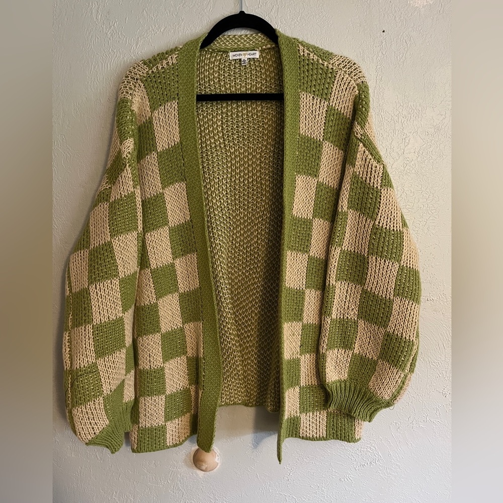 Woven Heart XL Green And Cream Checkered Gingham Oversized Knitted Sweater